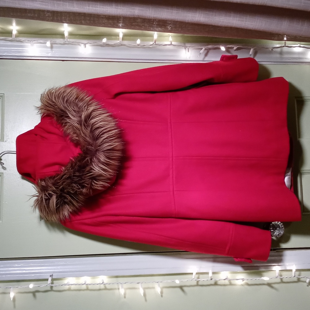 Women's Calvin Klein size 4 red toggle zip wool removable hood Winter coat S - Picture 15 of 17